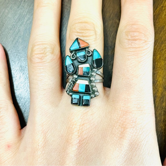 Sterling Silver 925 Zuni Native American Inlay Kachina Dancer Rainbow Ring Sz 7